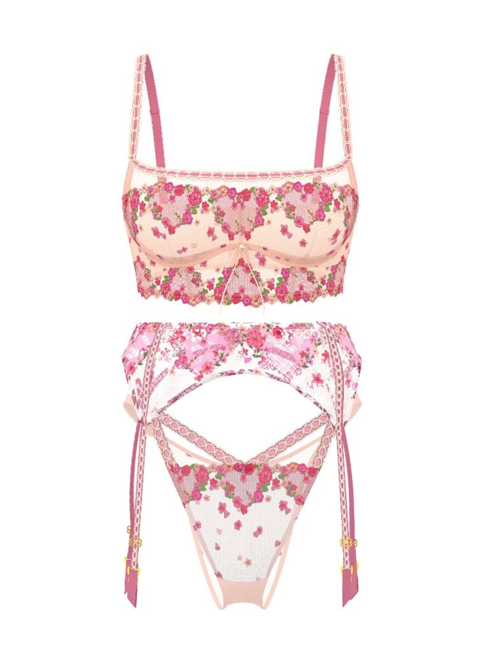 Victoria's Secret Dream Angels Pink Hearts & Roses Embroidery Bra Top 3 Pc Set S